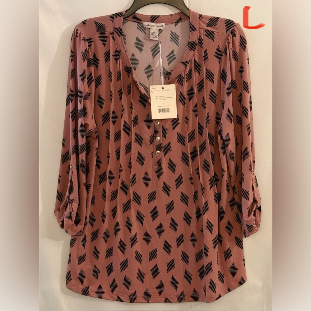 Carolyn Taylor Mauve and Black Leaf Print Blouse